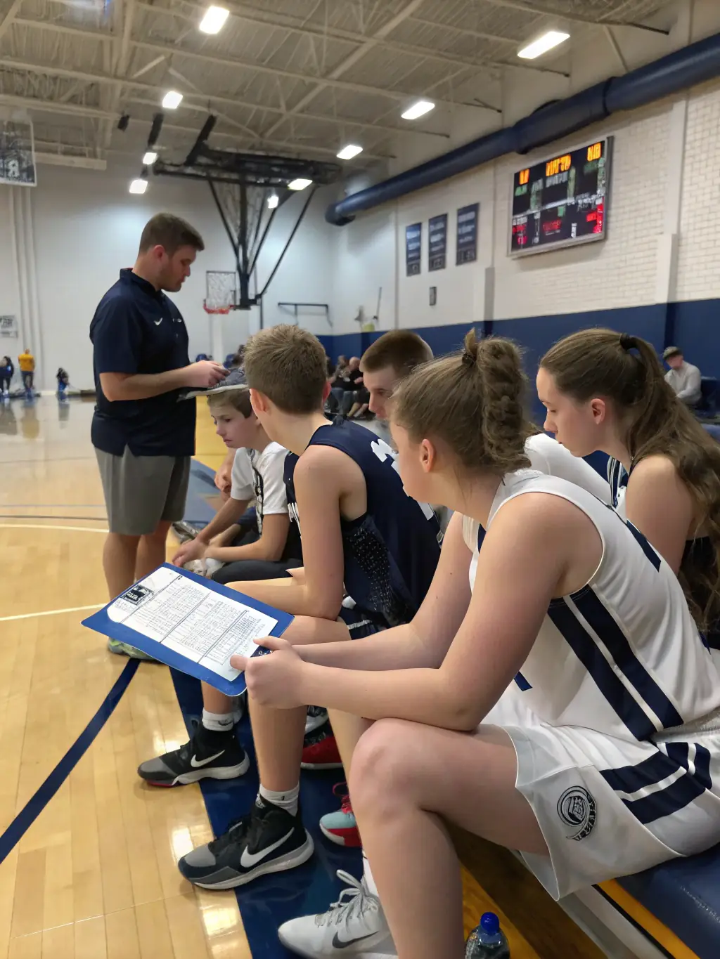 A group of young basketball players listening attentively to their coach during a training session.