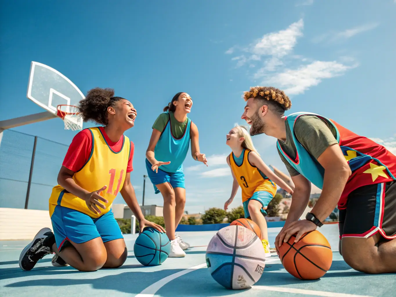 A diverse group of people participating in a basketball workshop, learning new skills and techniques from experienced instructors. The setting is a community center, emphasizing inclusivity and engagement.