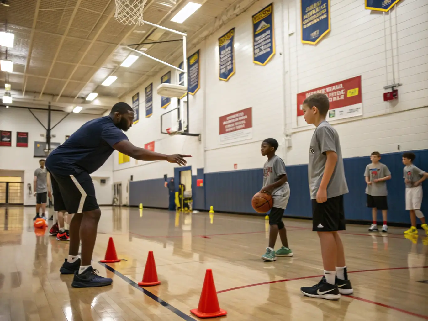 A group of young basketball players participating in a training session, focusing on dribbling skills, with a coach providing guidance in a well-lit indoor court. The scene captures the energy and focus of the participants.