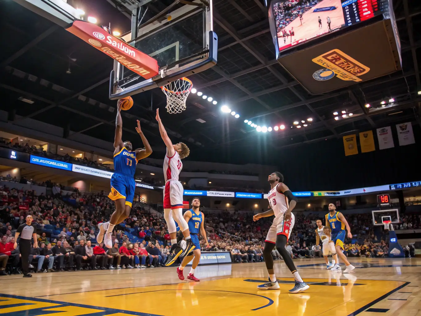 A dynamic shot of a community basketball match, showing players in action, with spectators cheering from the sidelines. The image conveys the excitement and community spirit of the event.