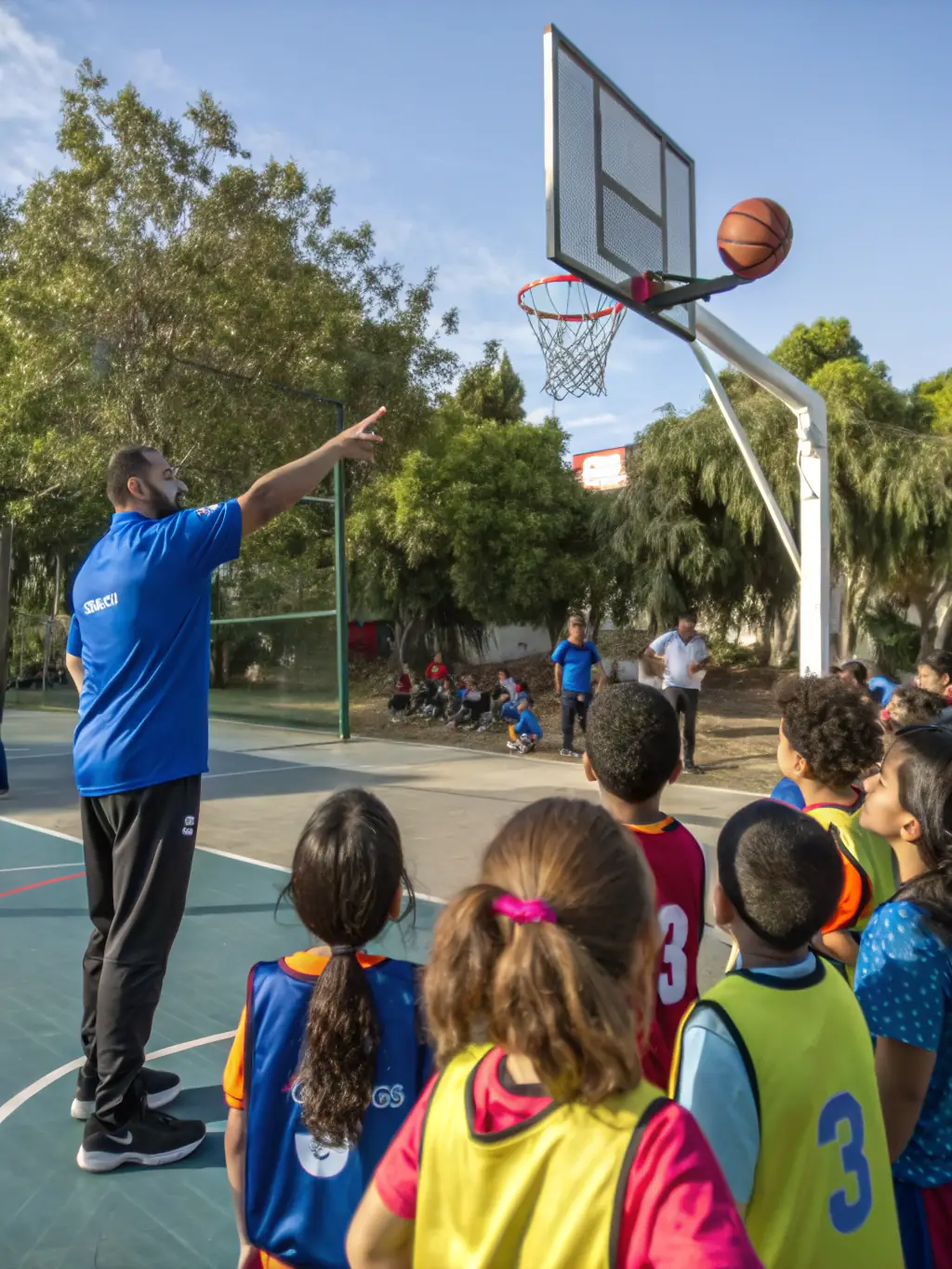 A diverse group of children and adults practicing basketball drills on an outdoor court, smiling and engaged.