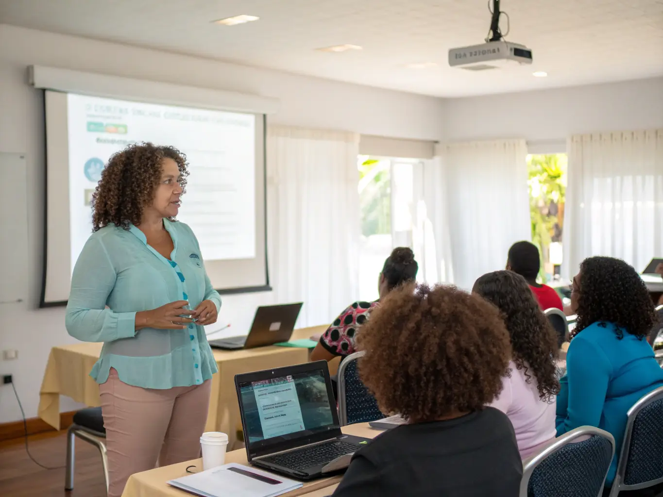 An image depicting a workshop setting where AGC Côtes d'Armor is providing training to its members on the latest accounting software and best practices. The atmosphere is interactive and engaging.