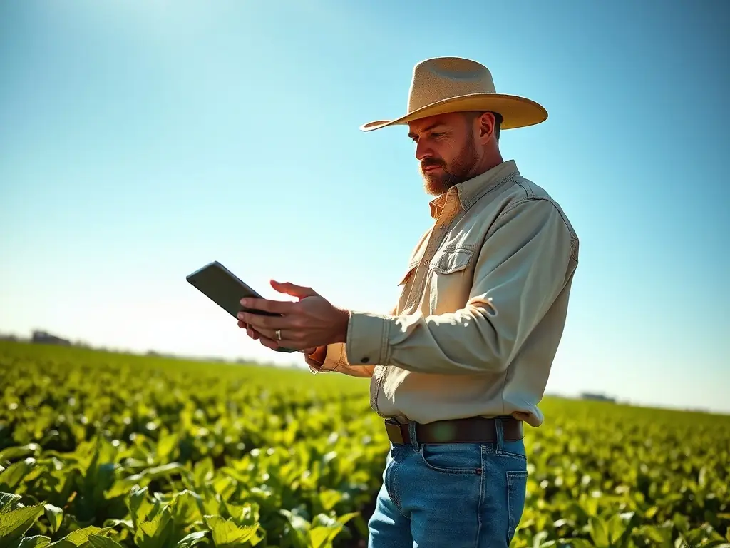 An image showcasing a farmer using financial software on a tablet in a field, illustrating how AGC helps members leverage technology for better financial management.