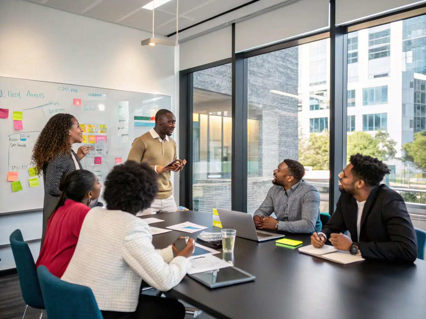 An image showing a diverse group of business owners collaborating in a modern office setting, symbolizing the community and networking benefits of AGC membership.