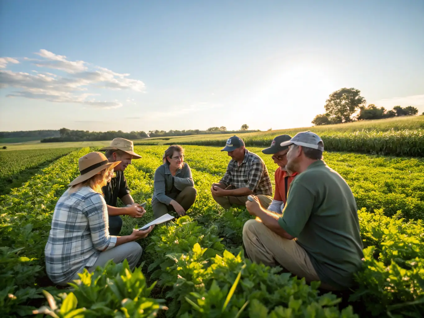 A group of farmers attending a workshop on sustainable agriculture practices, organized by AGC Côtes d'Armor, in a sunny field setting.