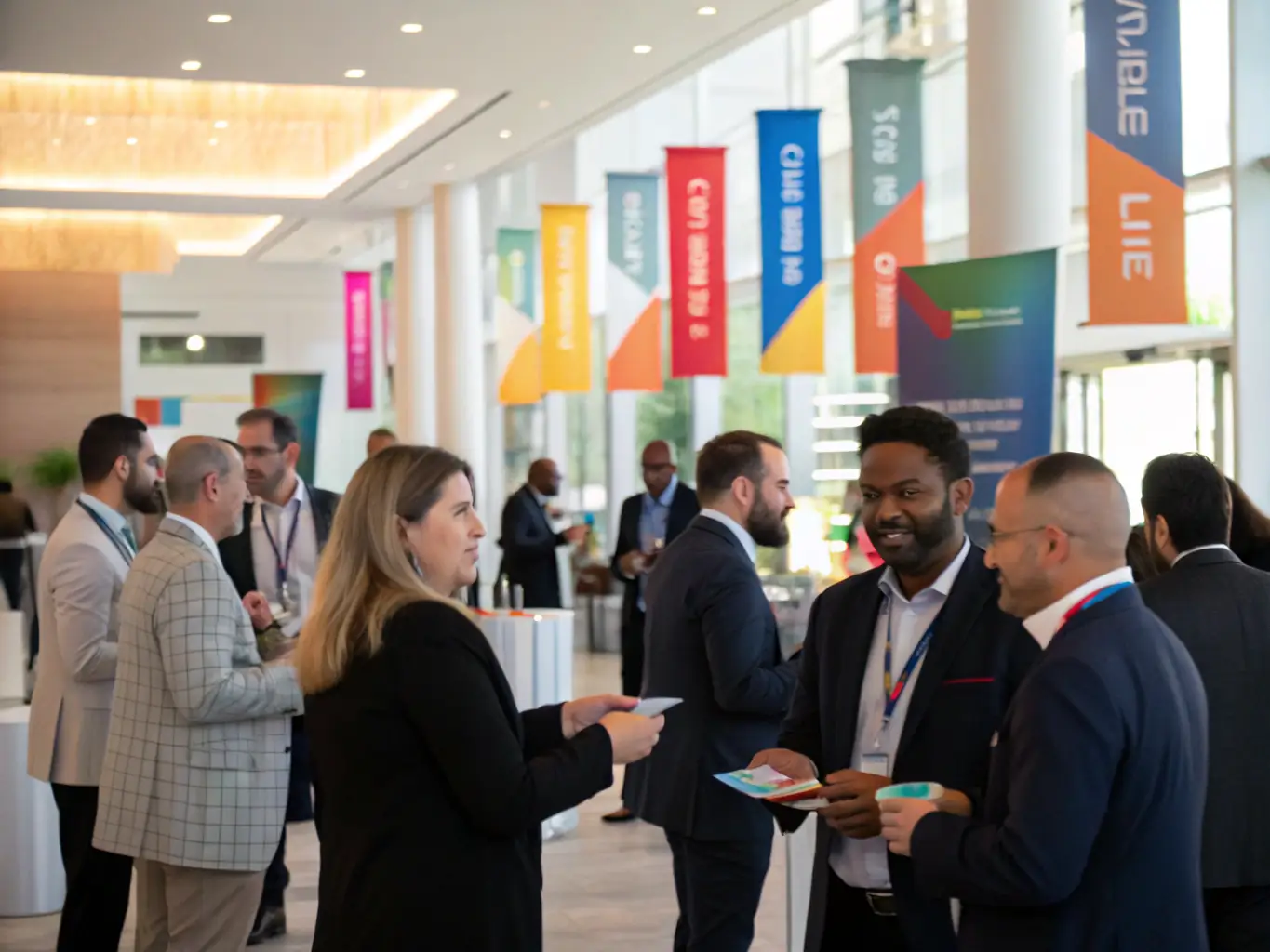 An image showing a group of AGC Côtes d'Armor members networking at an association event, with business cards being exchanged and friendly conversations taking place.