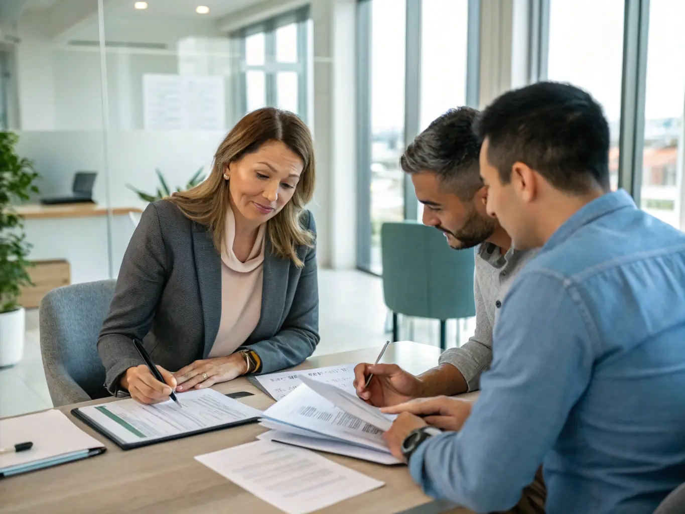 An image showing a professional accountant working with farmers and small business owners, reviewing financial documents and using a laptop, in a bright and modern office setting. The scene conveys trust, expertise, and collaboration.