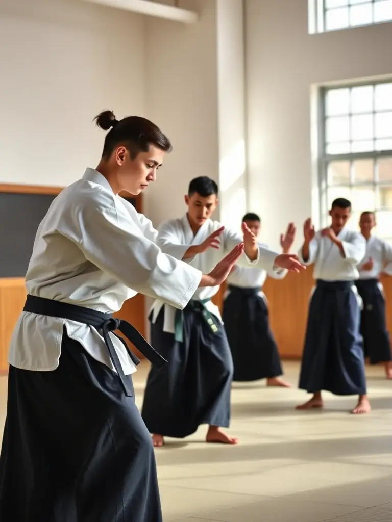 A high-quality photo of students practicing Aikido techniques in a dojo, focusing on the fluidity and grace of the movements.