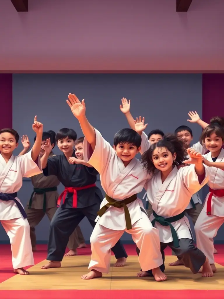 A diverse group of students of varying ages and backgrounds practicing martial arts together, showcasing a sense of camaraderie and mutual support.