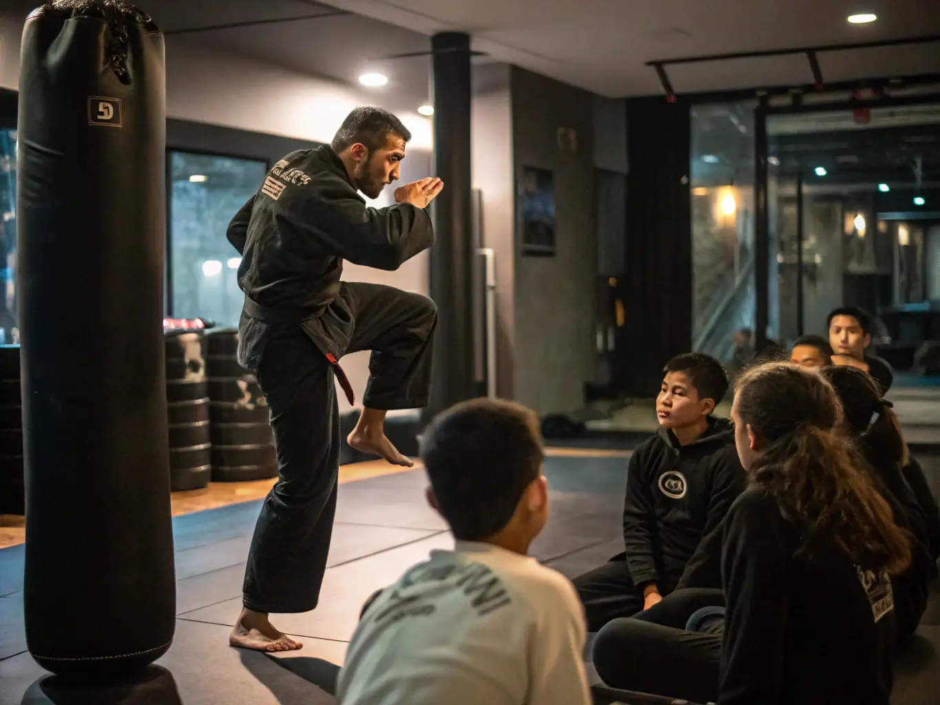 A group of Aikido students practicing a flowing defense technique in a traditional dojo setting, showcasing the harmony and fluidity of the art.