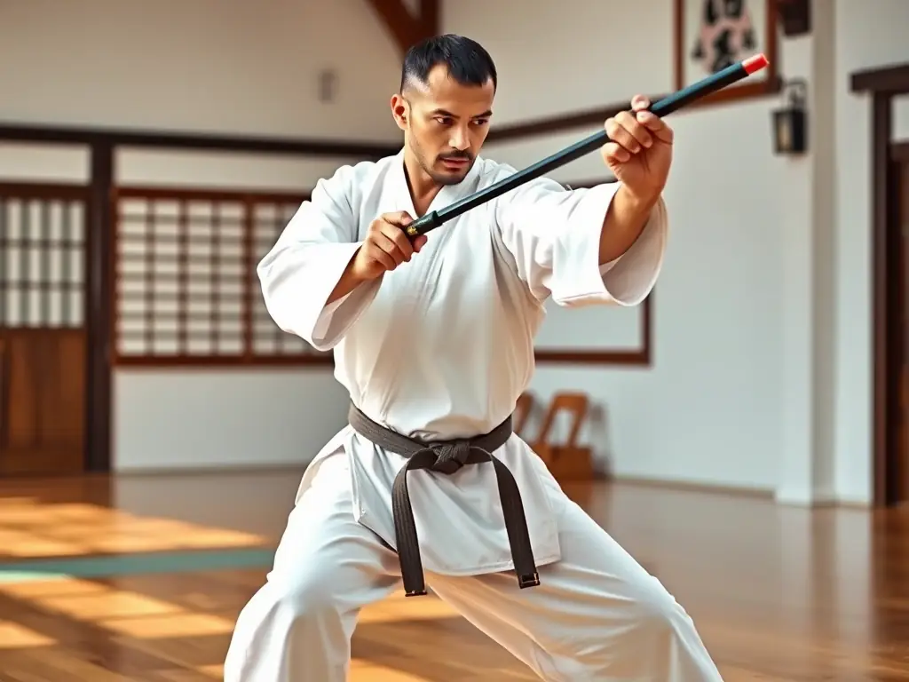 A practitioner of Iaido performing a precise sword drawing technique, highlighting the focus and discipline required in this martial art.