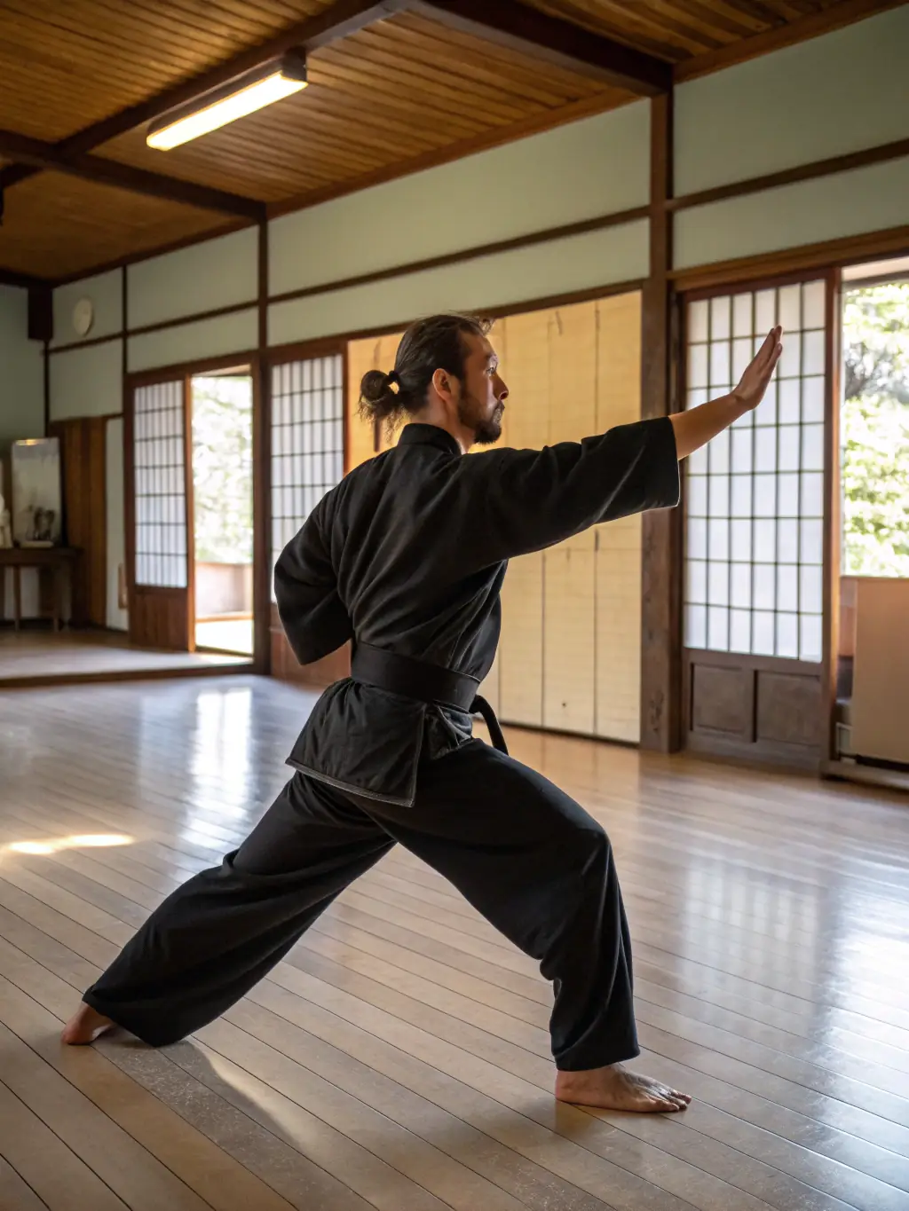 A focused image of a practitioner performing a precise Iaido kata with a katana, showcasing the sharpness and control required.