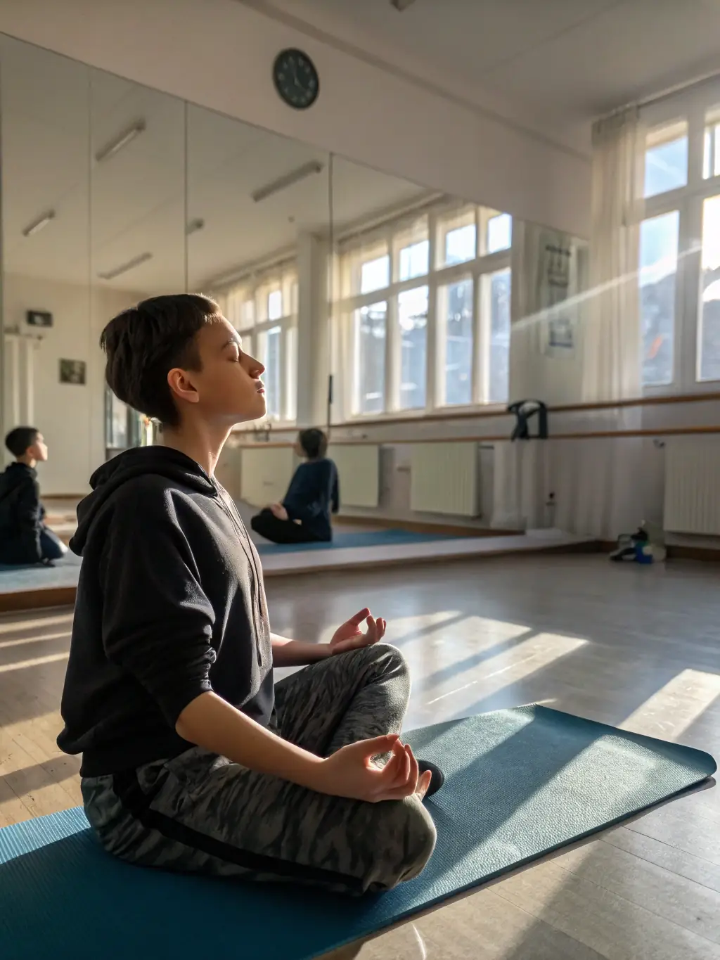 A serene image of a student meditating in the dojo, emphasizing the mental and spiritual aspects of martial arts training at Takemusu Dojo.