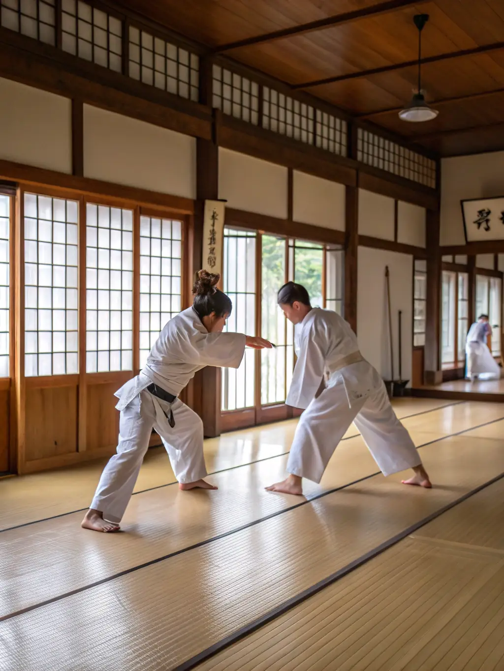 A dynamic shot of students practicing Jodo with jo staffs, demonstrating the coordination and technique involved.