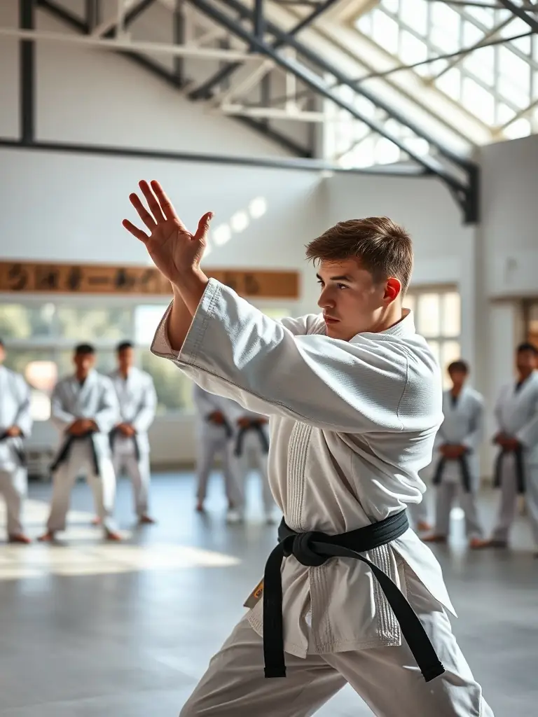 A group of students attentively watching a senior instructor demonstrate a precise Aikido technique in a traditional dojo setting.