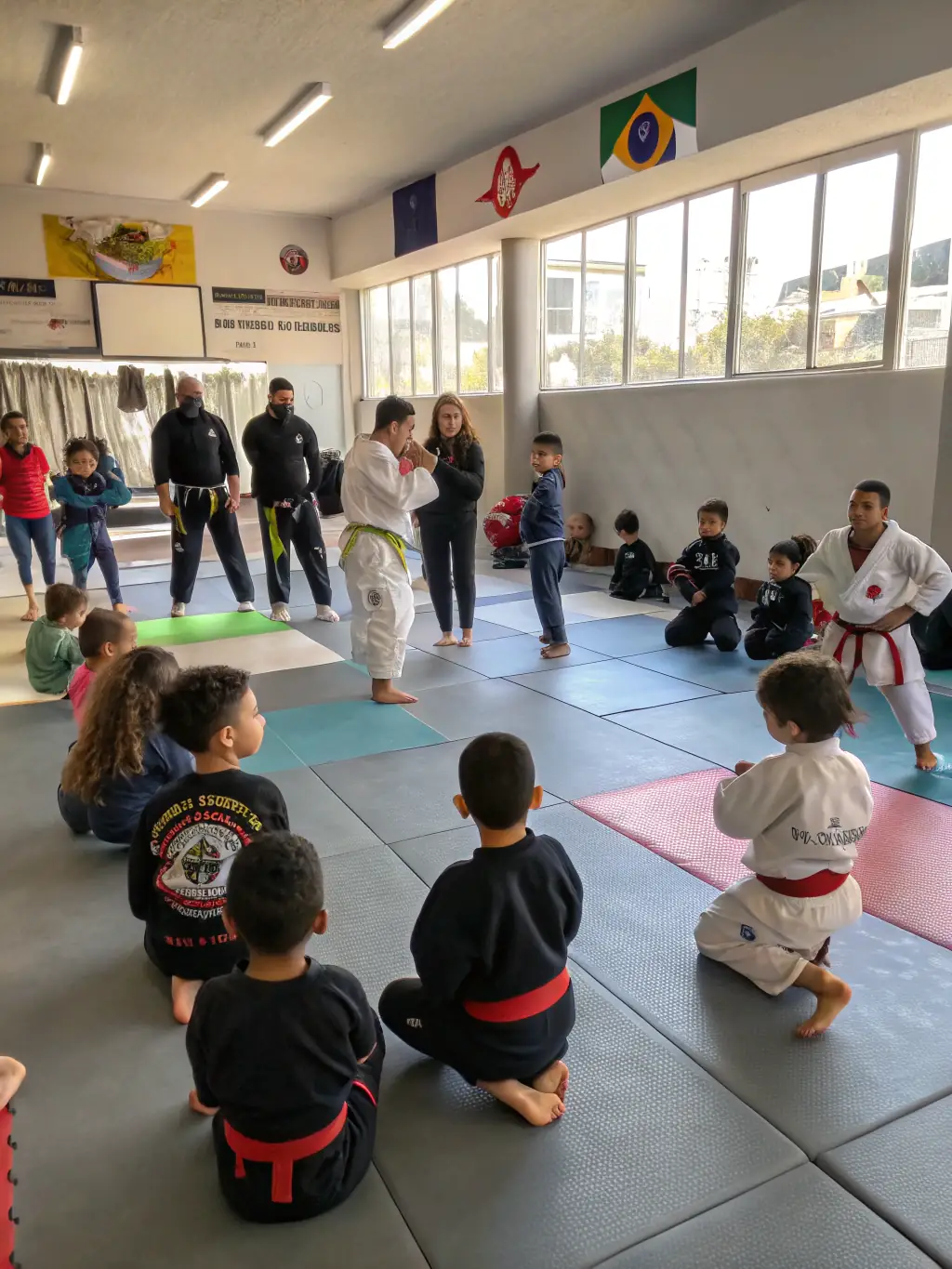A group of diverse students of varying ages and skill levels participating in a martial arts class, showcasing the inclusive community at Takemusu Dojo.
