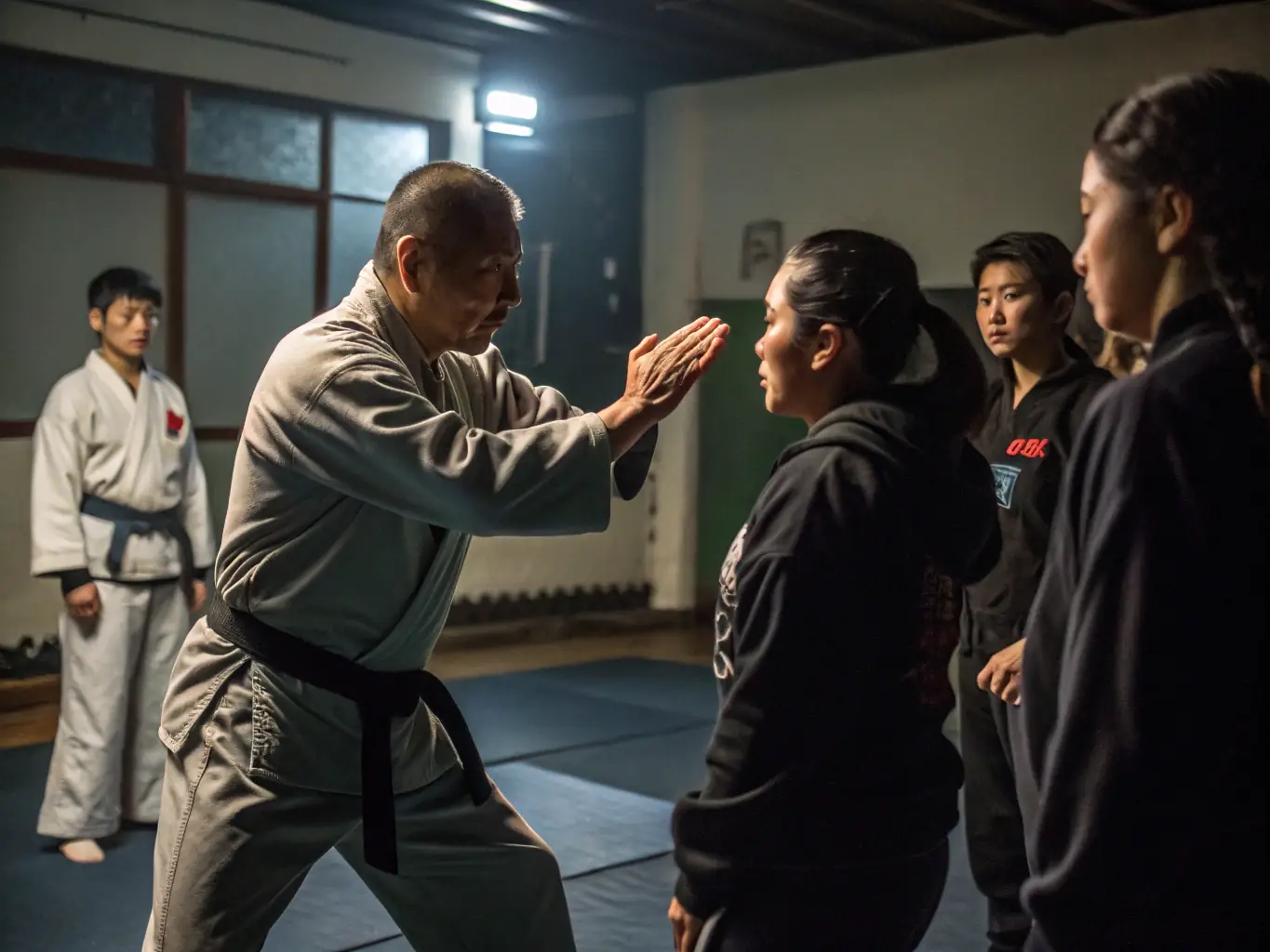 A Jodo instructor demonstrating the use of the jo staff against a sword, illustrating the defensive and tactical aspects of this martial art.